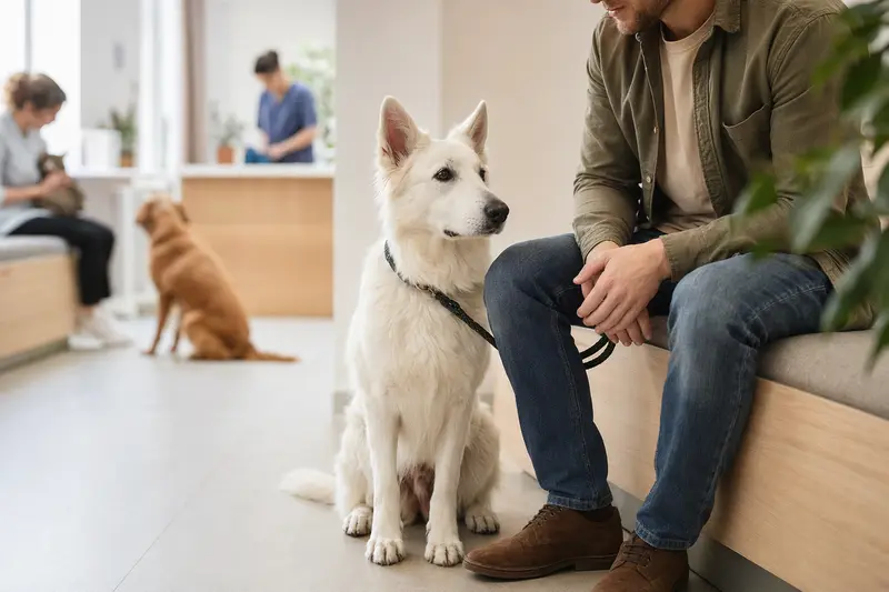 Ein ruhiger Weißer Schweizer Schäferhund sitzt neben seinem Besitzer im hellen Wartezimmer einer modernen Tierarztpraxis.